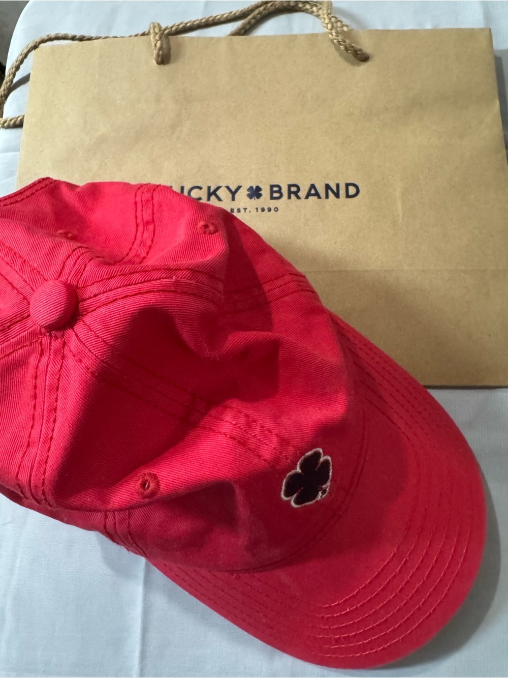 🍀 Lucky Brand Red Clover Embroidered Baseball Cap - NWOT - comes with paper bag.